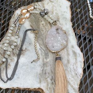 Druzy and quarts necklace with tassel.